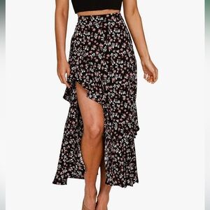 NWOT Boho Floral Split Maxi Skirt - High Low w/ Ruffles (XL)